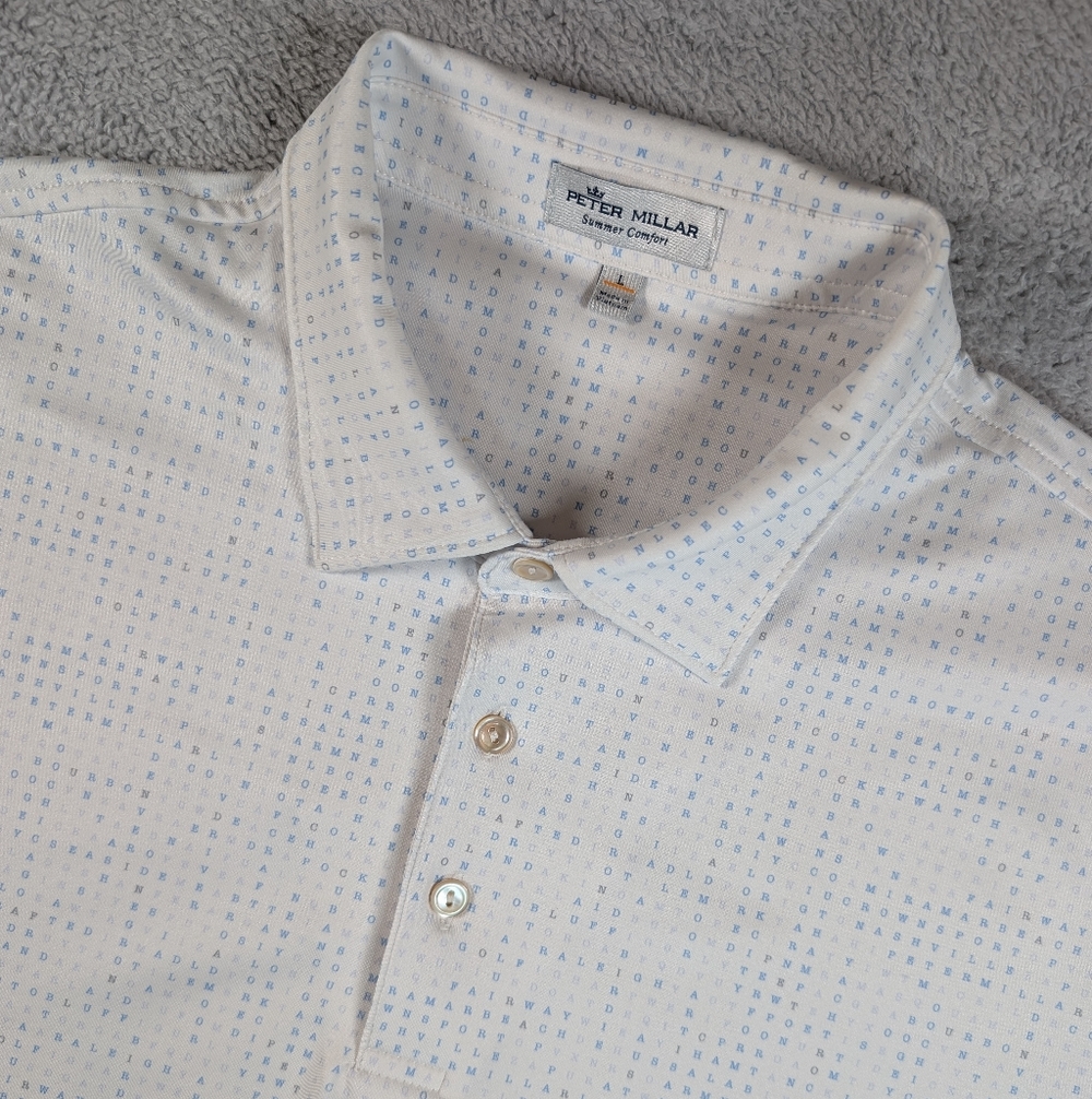 Peter‎ Millar Summer Comfort Talking Stick Mens L Golf Polo Unique Word Search
